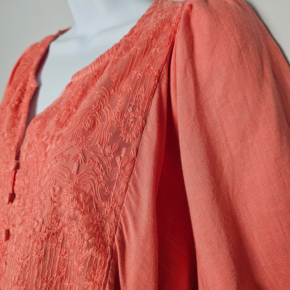 Umgee Split Neck Babydoll Mini Dress Women M Coral Embroidered Linen Blend - Picture 2 of 9